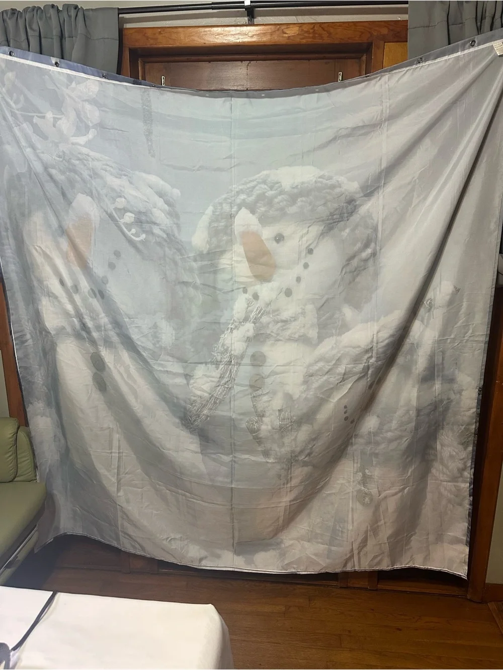 Holiday Snowman shower, curtain - Gray Snow Family Design